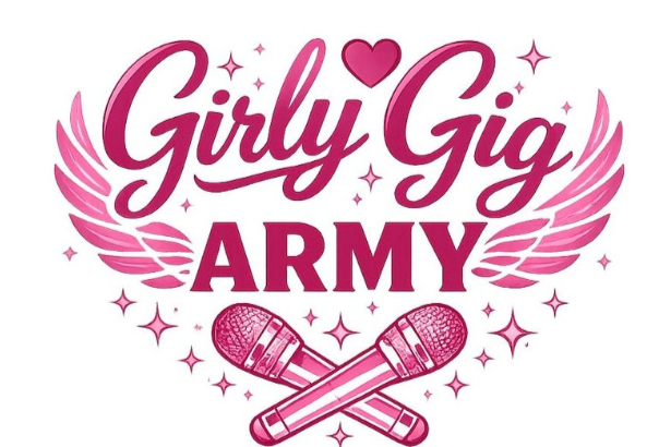 Logo for Girly Gig Army featuring pink wings, a heart, and two crossed microphones