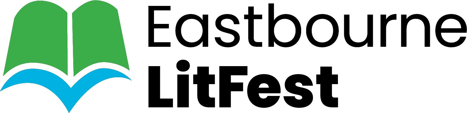 A logo of an open book with green and blue pages illustrates Eastbourne LitFest