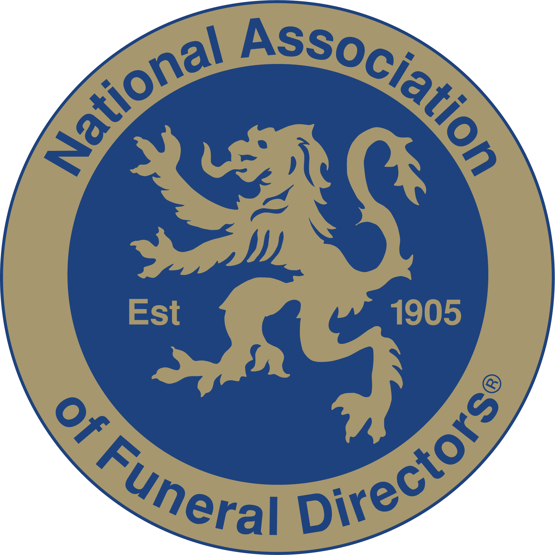 Seal of the National Association of Funeral Directors featuring a gold lion on a blue background, with text indicating establishment in 1905.