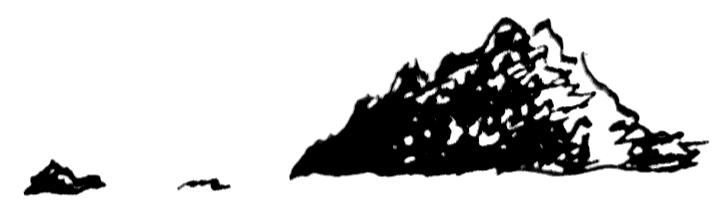 Outline drawing of a mountain landscape with three peaks.