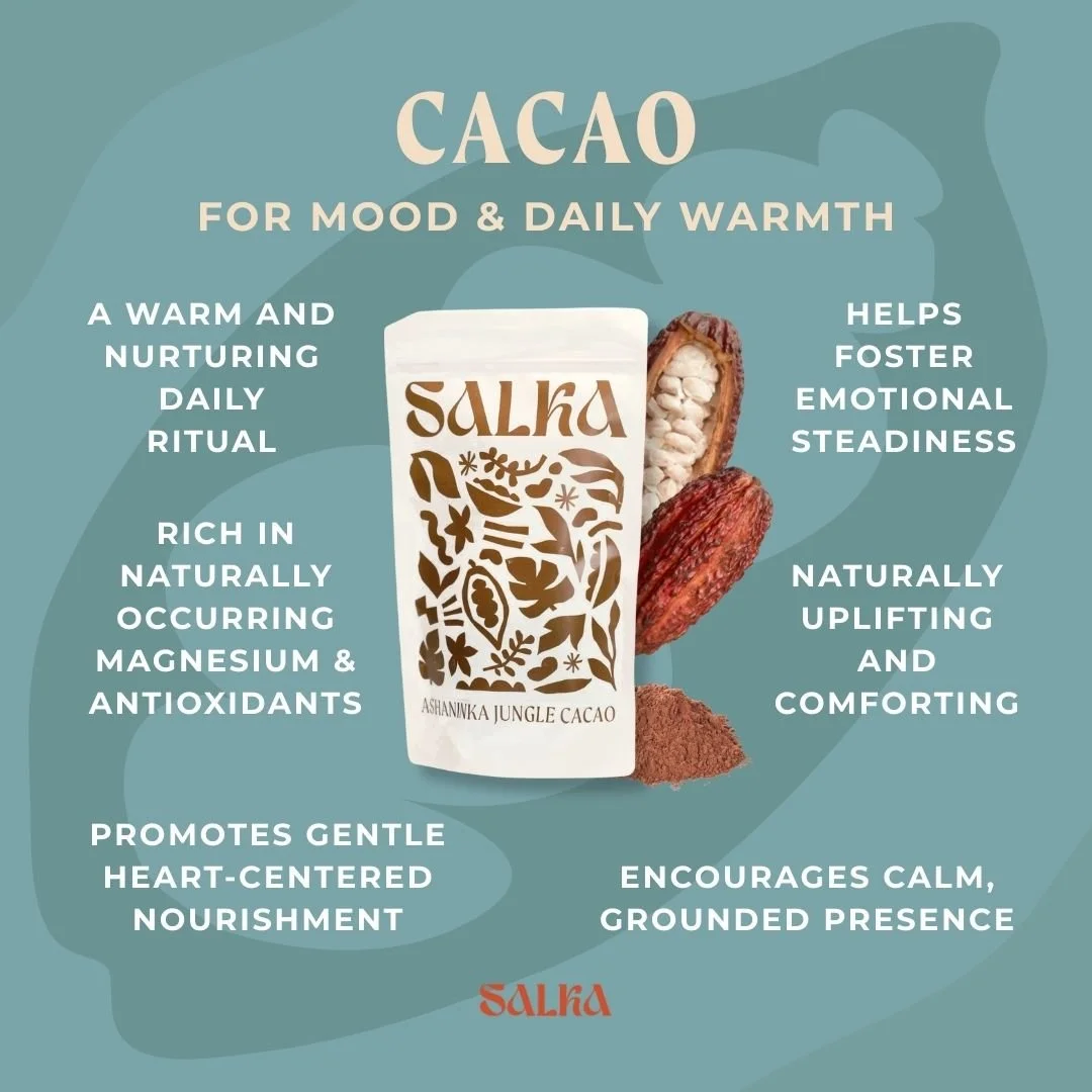 Graphic containing Cacao benefits such as mood & daily warmth