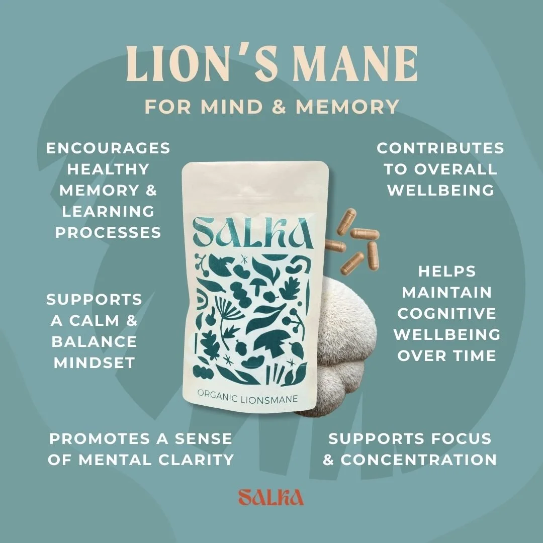 Graphic containing Lions Mane benefits such as cognitive mind and memory