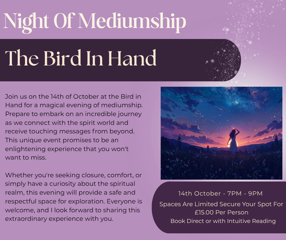 Event poster for 'Night Of Mediumship: The Bird In Hand,' scheduled for October 14th from 7 pm to 9 pm, featuring an evening of spiritual connection with a picture of a woman standing under a starry sky.