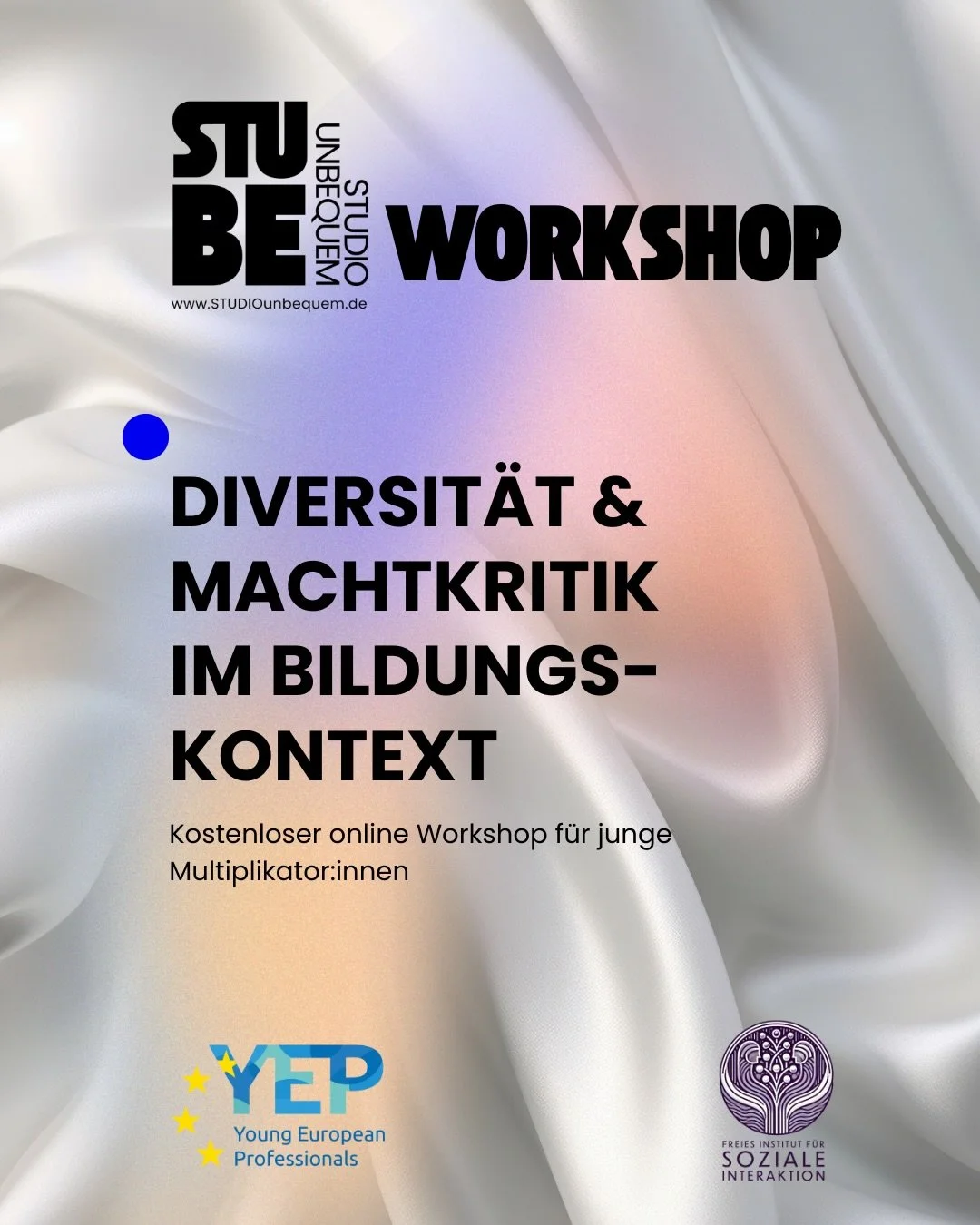 Wie k&ouml;nnen wir Bildungsangebote so gestalten, dass sie machtkritisch, diversit&auml;tssensibel und professionell sind?

In dem von den @yep_netzwerk  organisiertem Online-Workshop setzen wir einen gemeinsamen Impuls daf&uuml;r, wie Diversit&auml