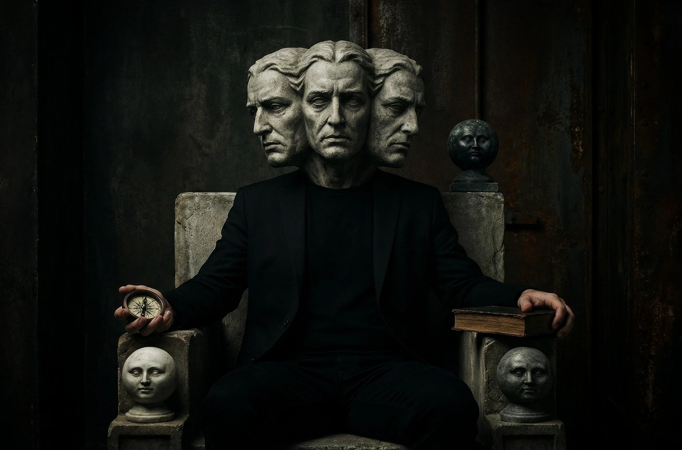 um homem de três caras sentado numa poltrona de pedra, contempla passado, presente e futuro, de compasso na mão direita e livro na esquerda