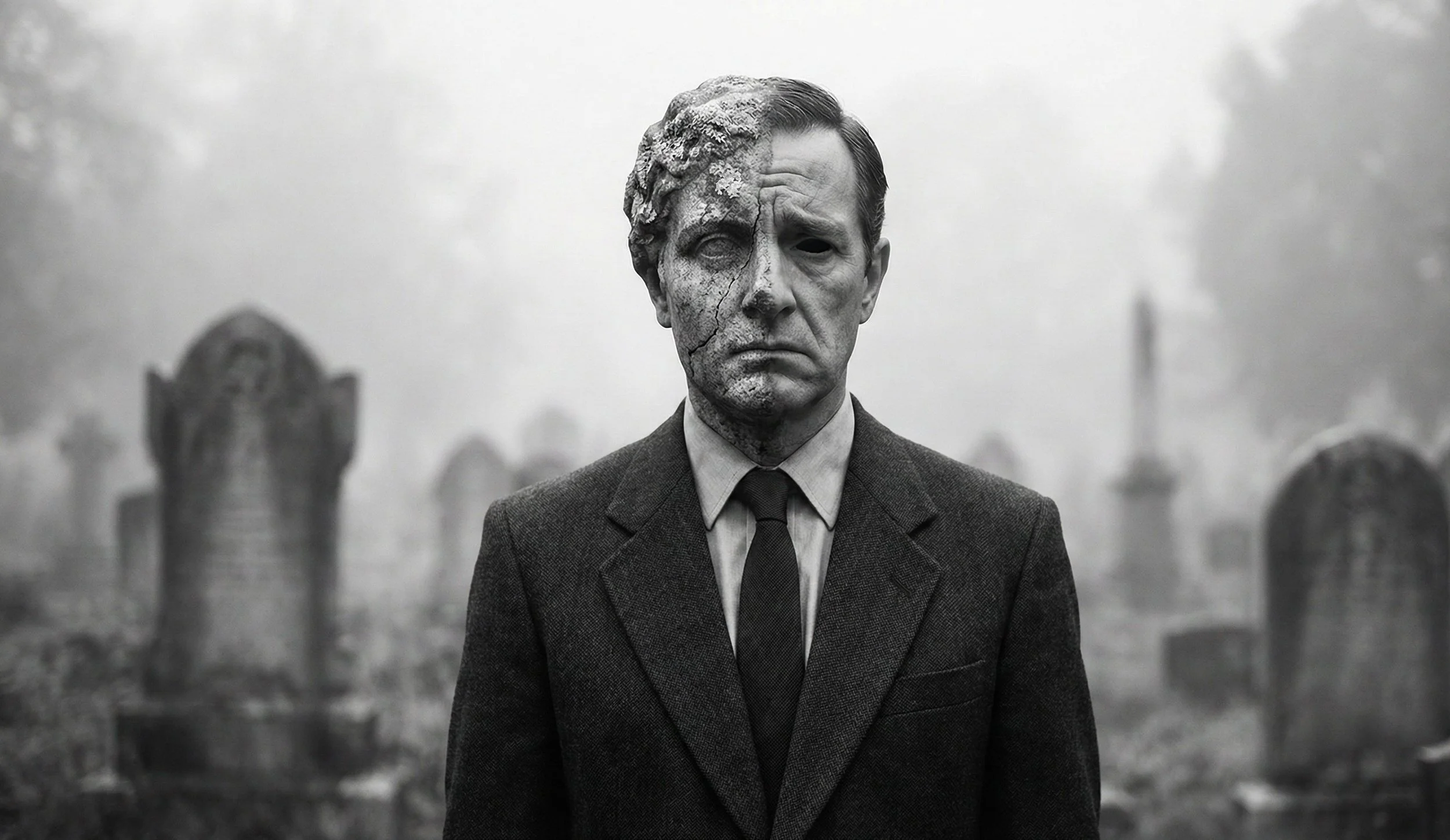 a black and white picture of a man, in a suit. the man is half stone, half human, and in the background there is a cemetary