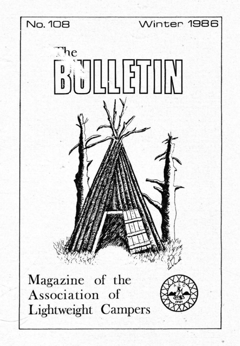 Cover page of a magazine titled 'The Bulletin', with a drawing of a wigwam style shelter made from rough tree trunks each about 6 inches diameter. It also has a small hinged wooden door