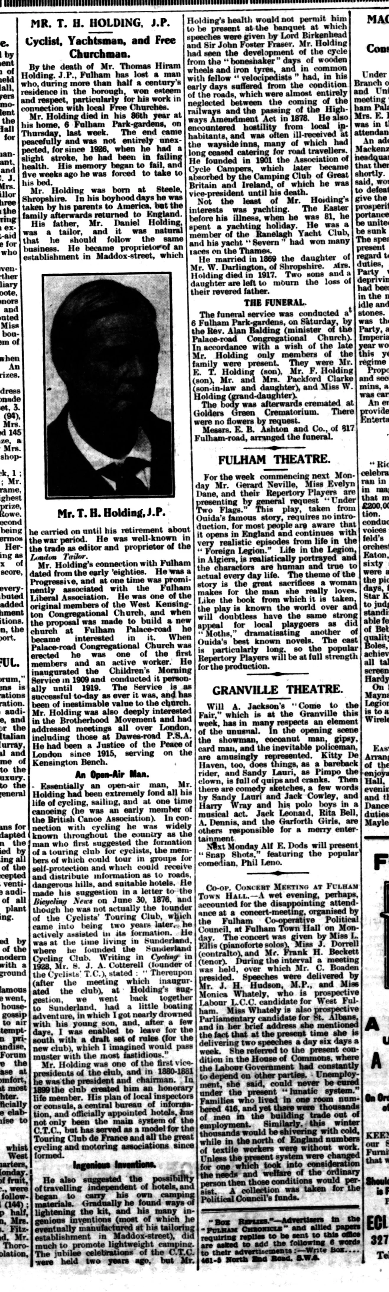 Death of Mr.T.H.Holding J.P.              - obituary from the Fulham Chronicle, dated November 28, 1930