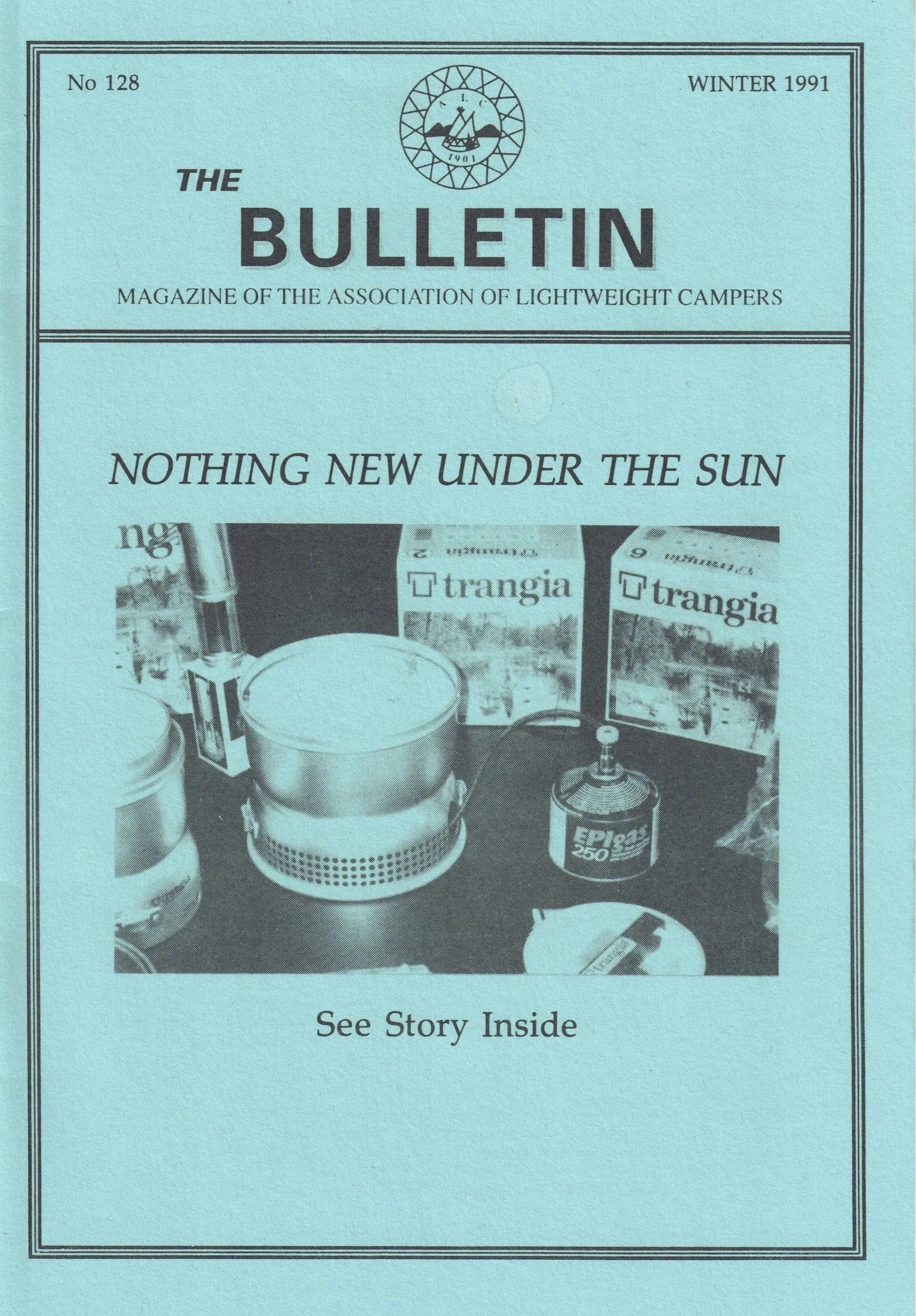 The cover of a 1991 magazine titled 'The Bulletin,' featuring a picture of a Trangia using the gas bottle system