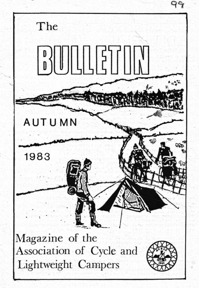 Drawing showing two people on bicycles with a small tent in front of them. There is also a walker in front of the tent carrying a backpack. The title is "The Bulletin" and it says that it is a magazine of the Association of Cycle and Lightweight Camp