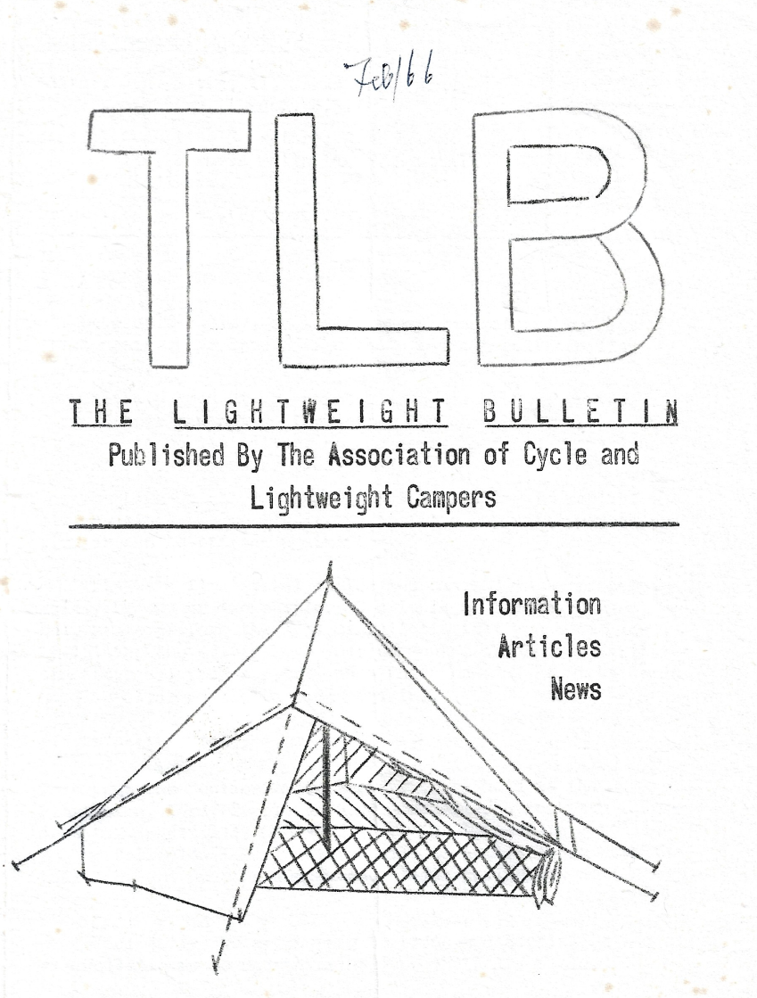 Hand-drawn sketch of a tent with text reading 'TLB' and 'The Lightweight Bulletin, published by the Association of Cycle and Lightweight Campers, info, articles, news.'