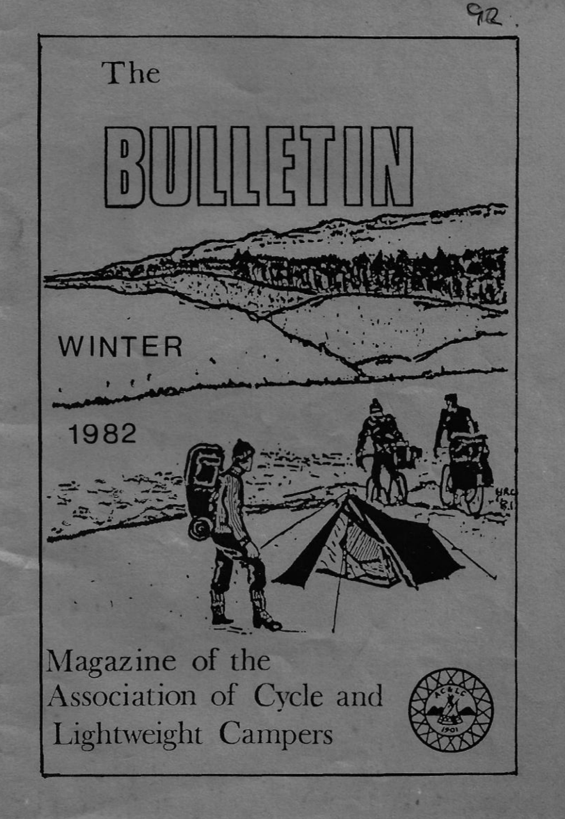 Drawing showing two people on bicycles with a small tent in front of them. There is also a walker in front of the tent carrying a backpack. The title is "The Bulletin" and it says that it is a magazine of the Association of Cycle and Lightweight Camp