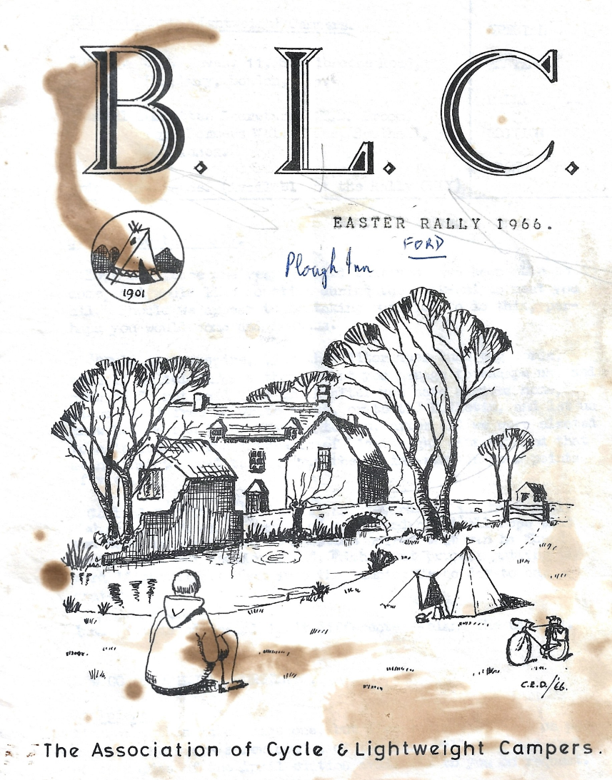 A hand-drawn cover page for the B.L.C. organization, featuring a scene with a person sitting by a stream, a tent, bicycles, large trees, and a house with a bridge, representing the Association of Cycle & Lightweight Campers, related to an Easter Rally in 1966.