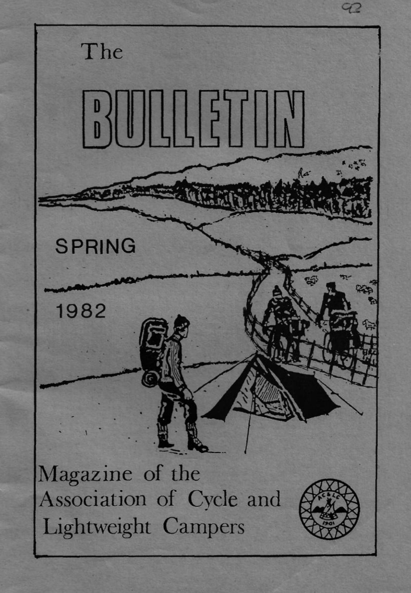 Drawing showing two people on bicycles with a small tent in front of them. There is also a walker in front of the tent carrying a backpack. The title is "The Bulletin" and it says that it is a magazine of the Association of Cycle and Lightweight Camp