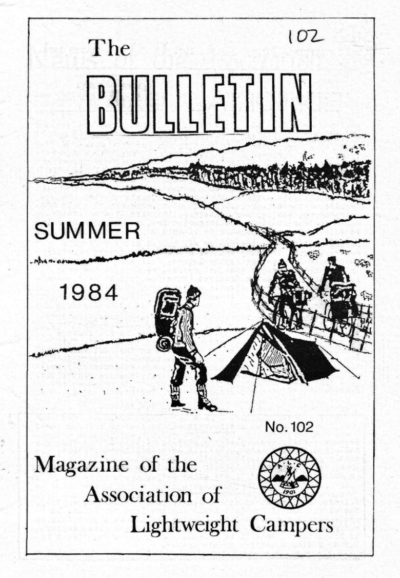 Drawing showing two people on bicycles with a small tent in front of them. There is also a walker in front of the tent carrying a backpack. The title is "The Bulletin" and it says that it is a magazine of the Association of Cycle and Lightweight Camp