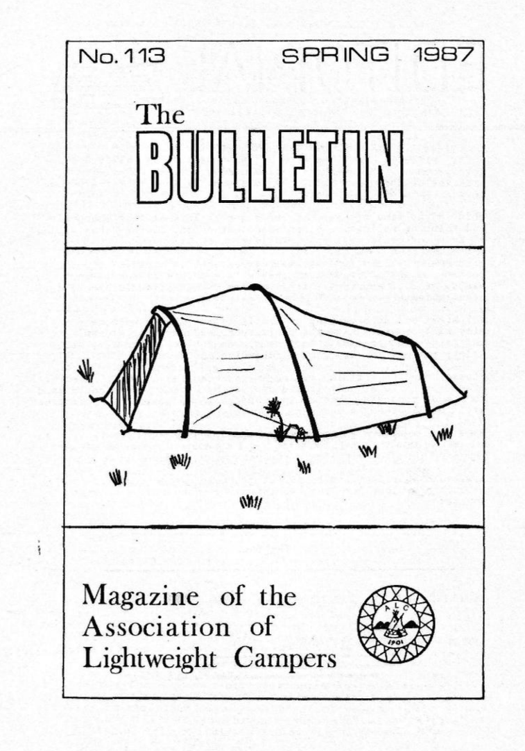 Cover page of a magazine titled "The Bulletin" with a drawing of a two man tunnel tent and text indicating it is a magazine of the association of lightweight campers.