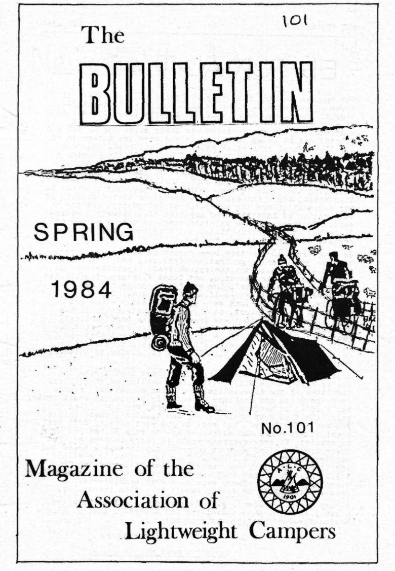 Drawing showing two people on bicycles with a small tent in front of them. There is also a walker in front of the tent carrying a backpack. The title is "The Bulletin" and it says that it is a magazine of the Association of Cycle and Lightweight Camp