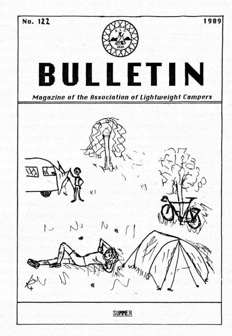 Cover of a magazine titled "The Bulletin," featuring a hand-drawn illustration of camping scene showing a tent, campervan, a couple of small trees, one with a bicycle against it and a person lying down next to the tent