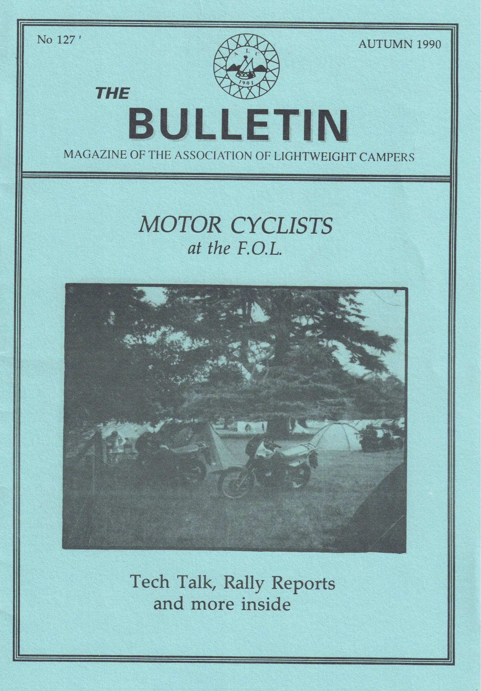 Cover page of a magazine titled 'The Bulletin' from autumn 1990, tent, motorcycles and trees, with text saying it is a magazine of the Association of Lightweight Campers.
