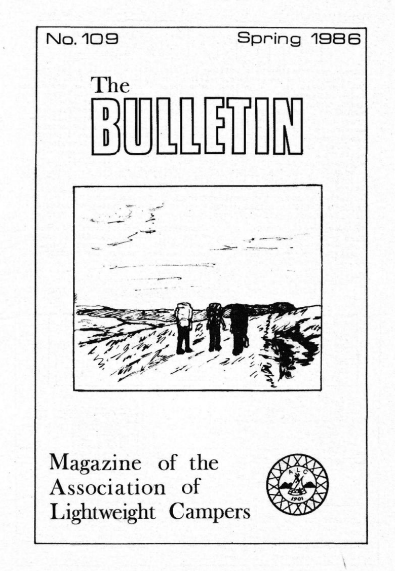 Cover page of a magazine titled 'The Bulletin,' featuring a simple sketch of three walkers with their backpacks out in the countryside, with the subtitle 'Magazine of The Association of Lightweight Campers.'