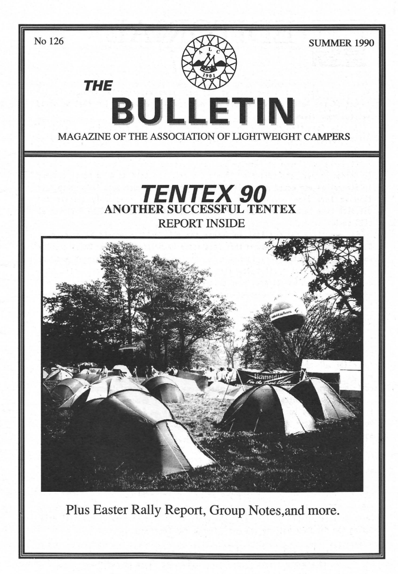 Cover of the  summer issue of the Bulletin, a magazine of the Association of Lightweight Campers, featuring a photograph of a large number of tents at the Tentex 1990 exhibition