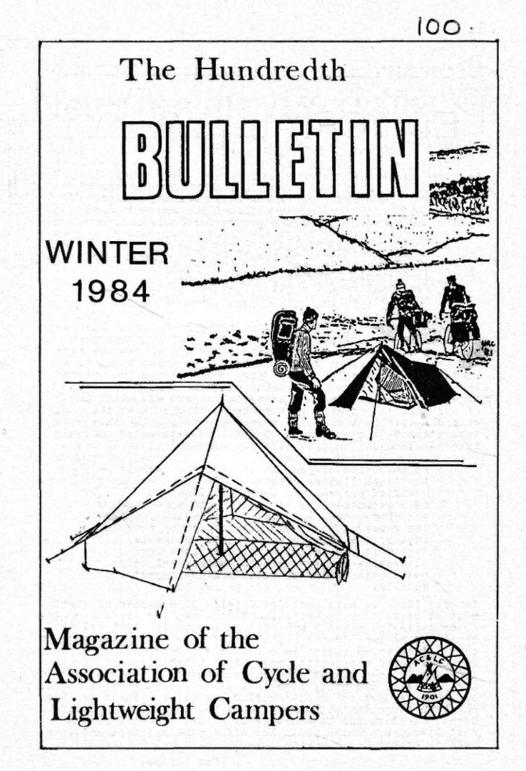 Drawing showing two people on bicycles with a small tent in front of them. There is also a walker in front of the tent carrying a backpack. The title is "The Bulletin" and it says that it is a magazine of the Association of Cycle and Lightweight Camp
