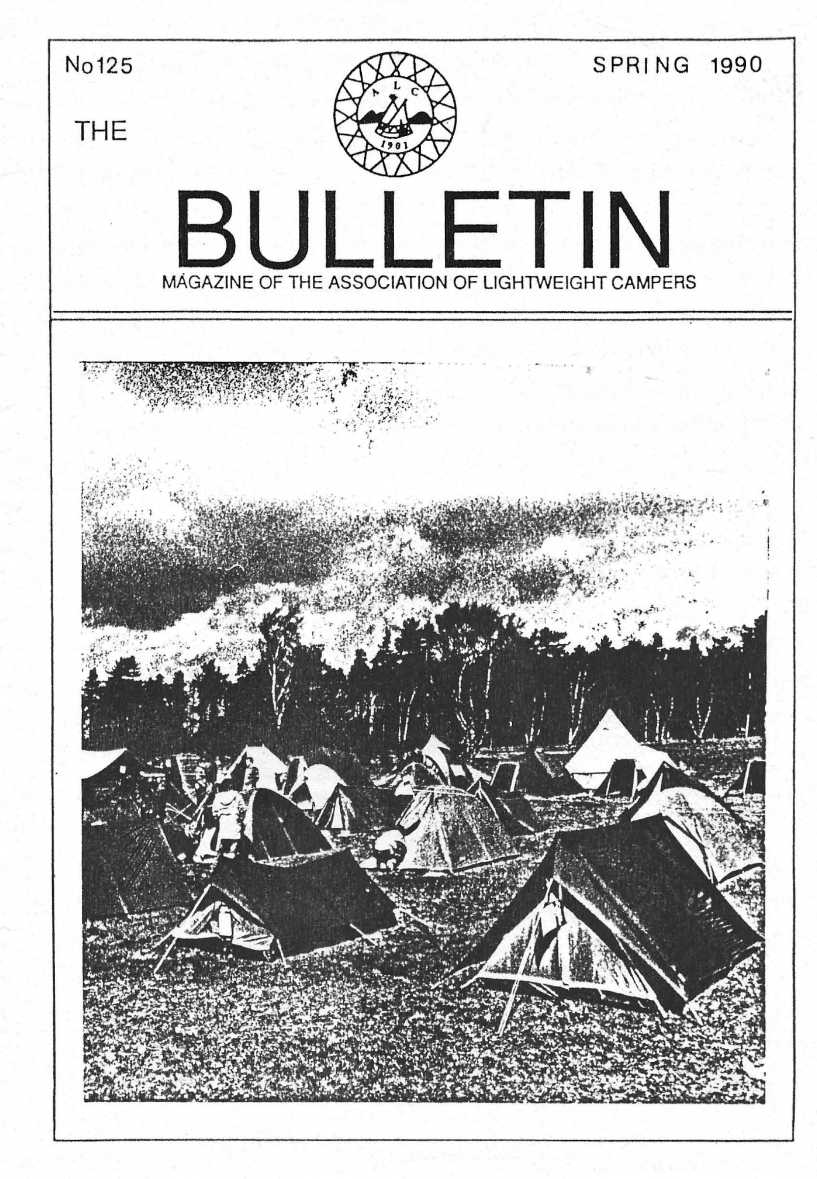 Cover page of spring 1990 issue of "The Bulletin," a magazine by the Association of Lightweight Campers, with photograph of large number of small tents at the Campex 1990 exhibition