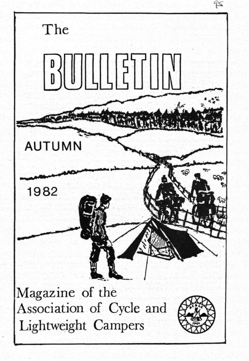 Drawing showing two people on bicycles with a small tent in front of them. There is also a walker in front of the tent carrying a backpack. The title is "The Bulletin" and it says that it is a magazine of the Association of Cycle and Lightweight Camp