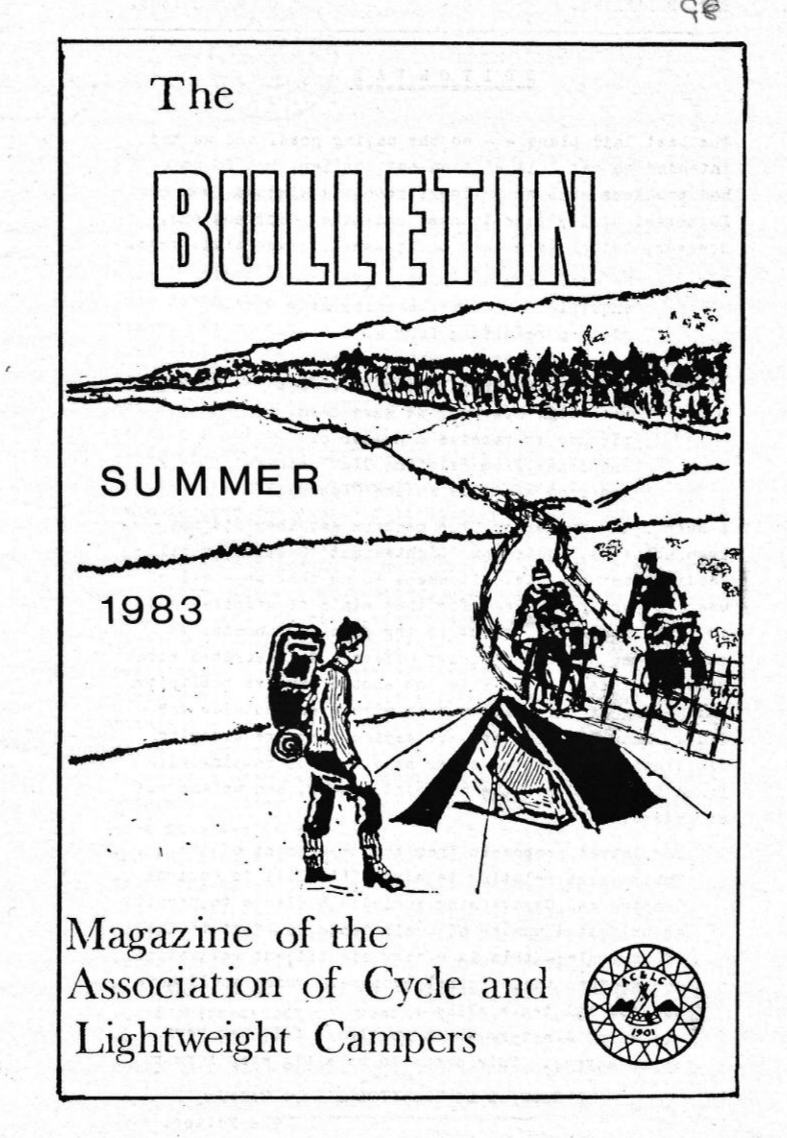 Drawing showing two people on bicycles with a small tent in front of them. There is also a walker in front of the tent carrying a backpack. The title is "The Bulletin" and it says that it is a magazine of the Association of Cycle and Lightweight Camp