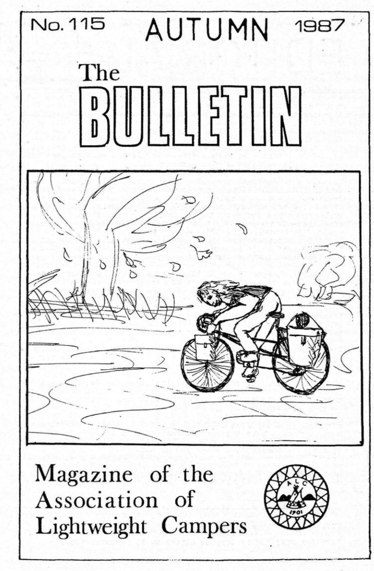 Cover of The Bulletin magazine of the Association of Lightweight Campers, featuring a drawing of a lady pedalling a fully loaded touring bicycle into the wind