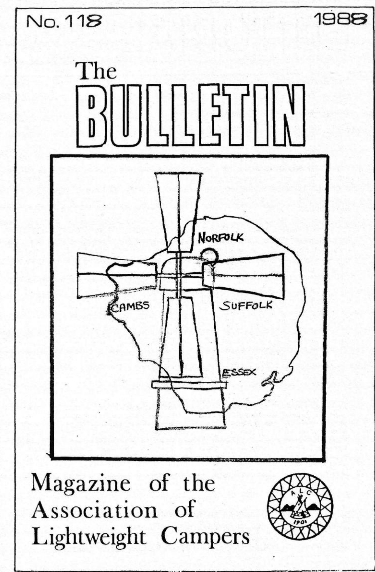 Cover page of 'The Bulletin,' a magazine for the Association of Lightweight Campers, with a drawing of East Anglia with a windmill imposed on top of it