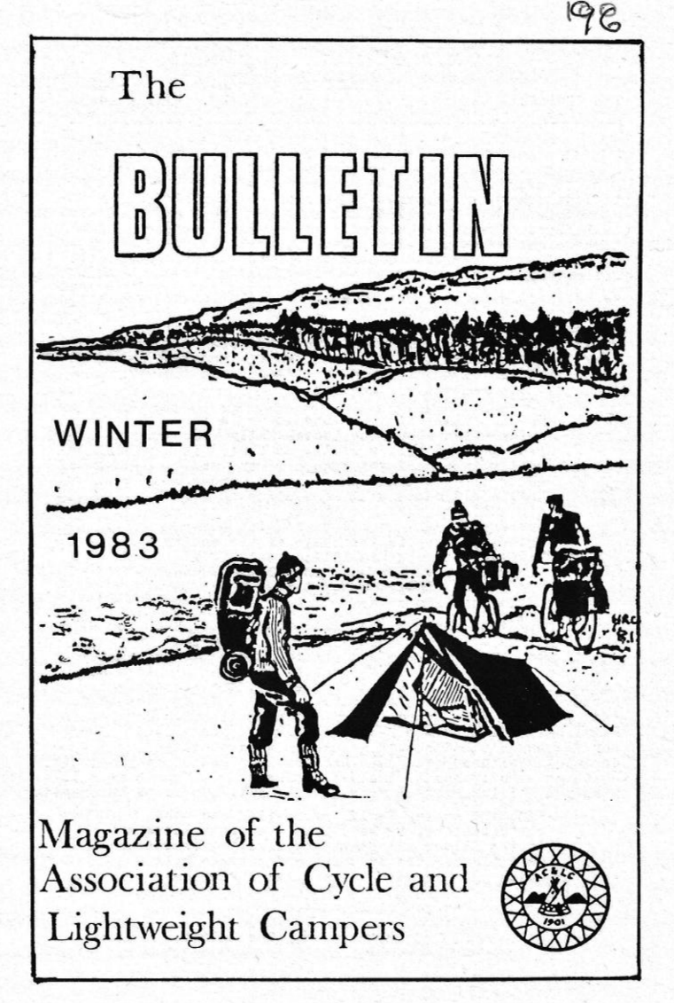Drawing showing two people on bicycles with a small tent in front of them. There is also a walker in front of the tent carrying a backpack. The title is "The Bulletin" and it says that it is a magazine of the Association of Cycle and Lightweight Camp