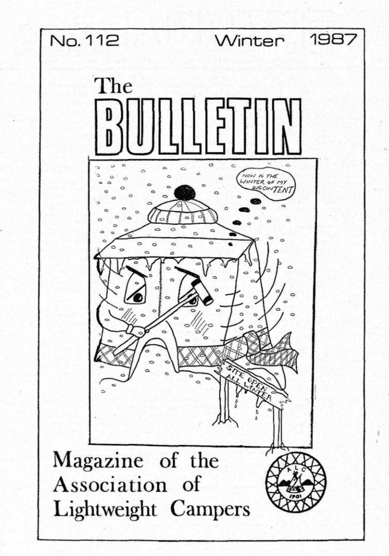 Cover of a magazine titled 'The Bulletin' with a drawing of a large square box shape tent with snow falling. The tent is wearing a bobble hat and looks unhappy, saying "now is the winter of my disconTENT".