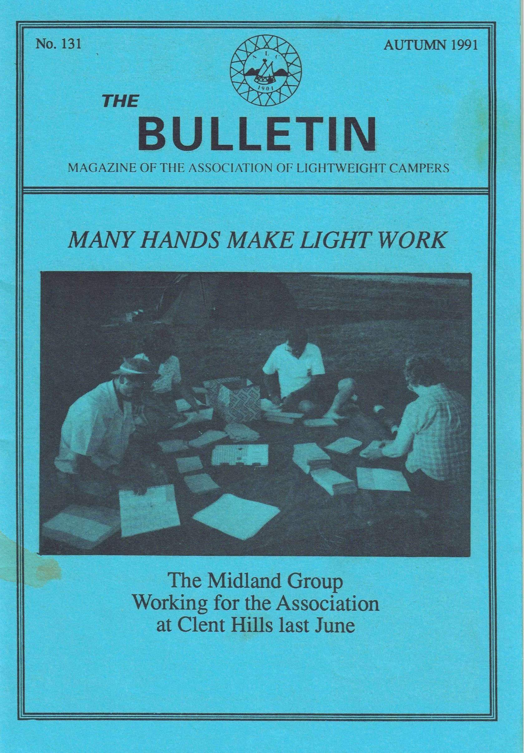 Cover page of a magazine titled 'The Bulletin,' published in Autumn  by the Association of Lightweight Campers, featuring a photograph from Clent Hills site taken in June 1991. The picture shows several people sticking labels on envelopes.