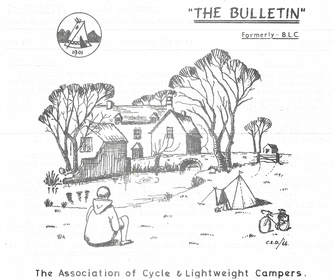 Sketch of a rural scene with a large house surrounded by trees, a small tent, a bicycle, and a person sitting on the grass, with the title 'The Bulletin' and the subtitle 'The Association of Cycle & Lightweight Campers.'