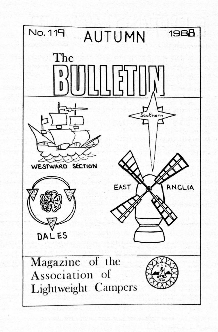Black and white cover page of 'The Bulletin,' a magazine of the Association of Lightweight Campers, featuring a drawing of the four symbols of the sections of that time which were the Westward Section, Southern, Dales and East Anglia sections