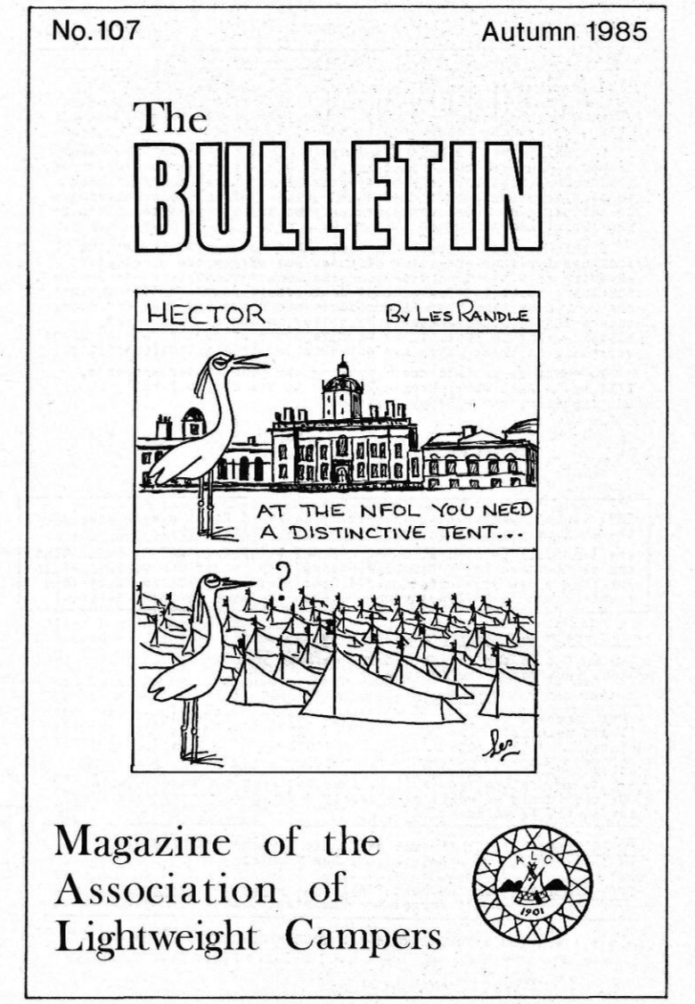 Cover of a magazine titled "The Bulletin" with a drawing of cartoon featuring Hector the crane at the NFOL (National Feast of Lanterns) and text indicating it is a magazine of the association of lightweight campers.