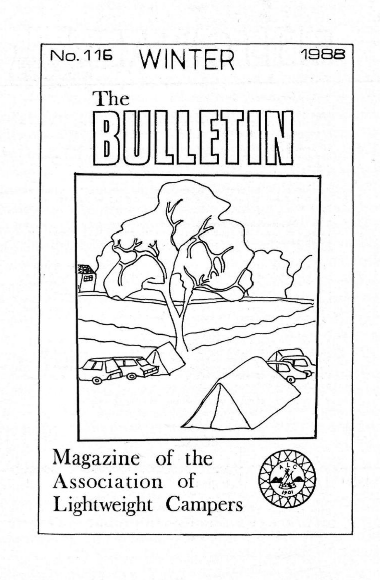 Illustration of a camping scene with a tall tree, a tent, a fence, and a small structure in the background, on the cover of a magazine titled 'The Bulletin' for outdoor enthusiasts.