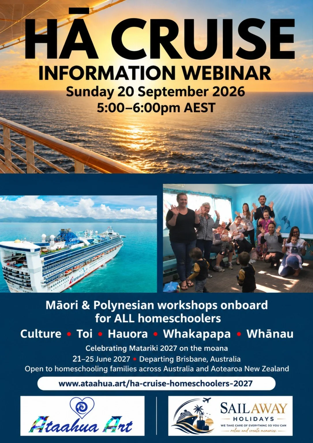 HĀ Cruise information webinar on Sunday 20 September 2026, 5–6pm AEST, with ocean, cruise ship and family workshop photographs.
