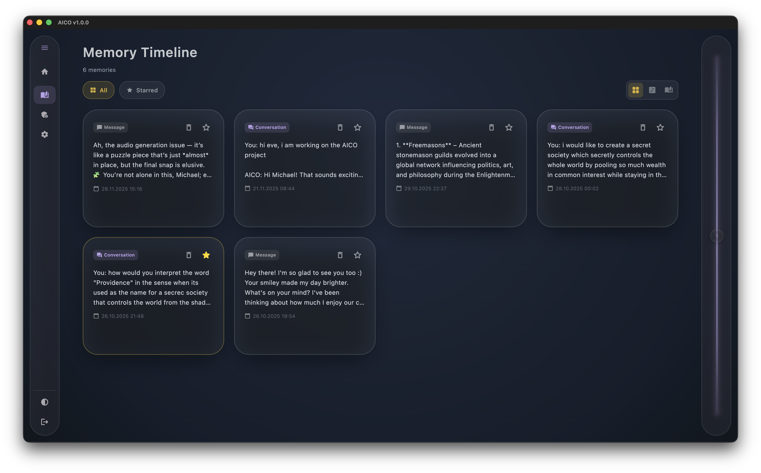 The memory album shows user-curated replies or conversations to remember (card view).