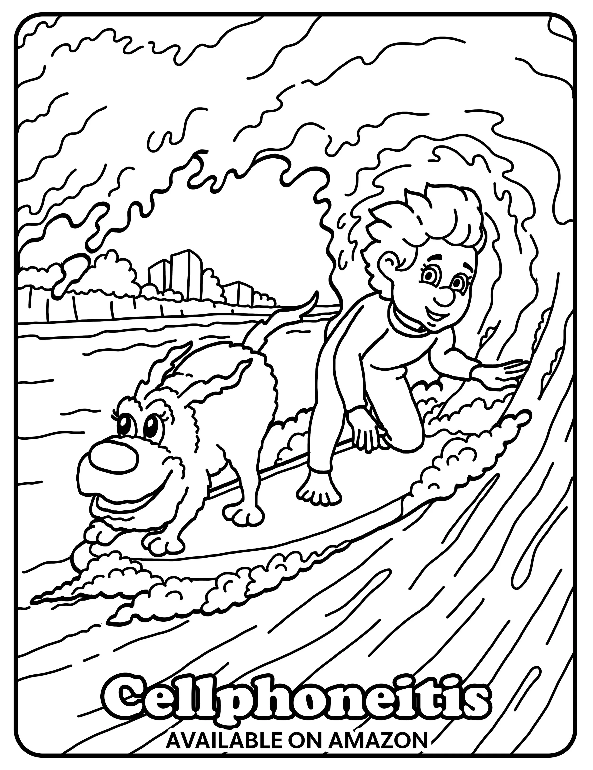 Surfing coloring page for the children's book Cellphoneitis