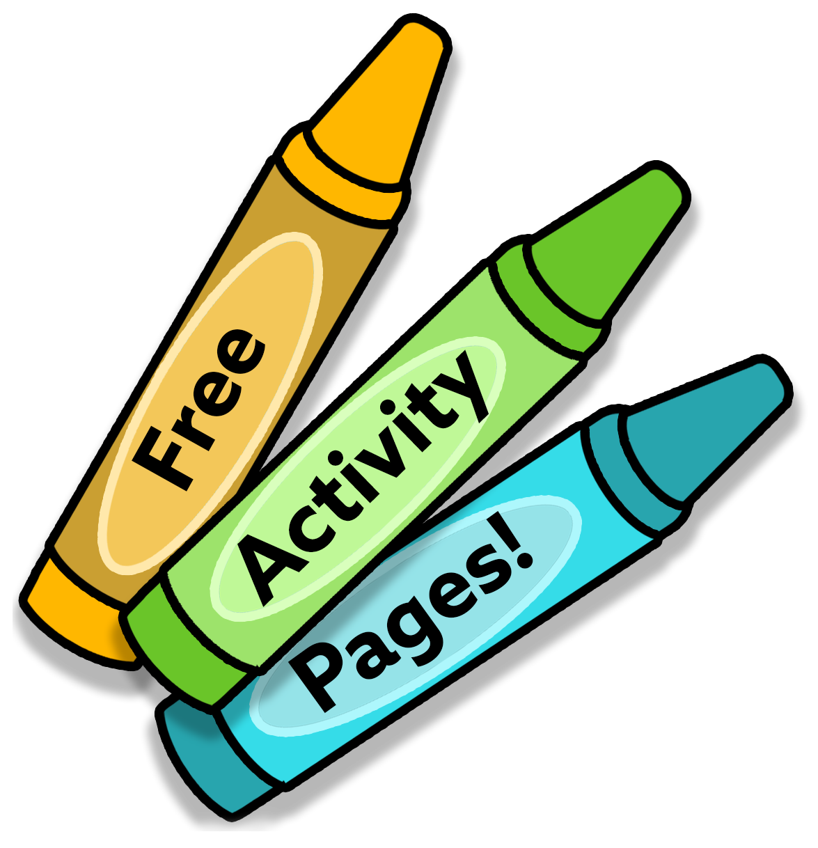 Colorful crayons with words 'Free', 'Activity', and 'Pages!' written on them.