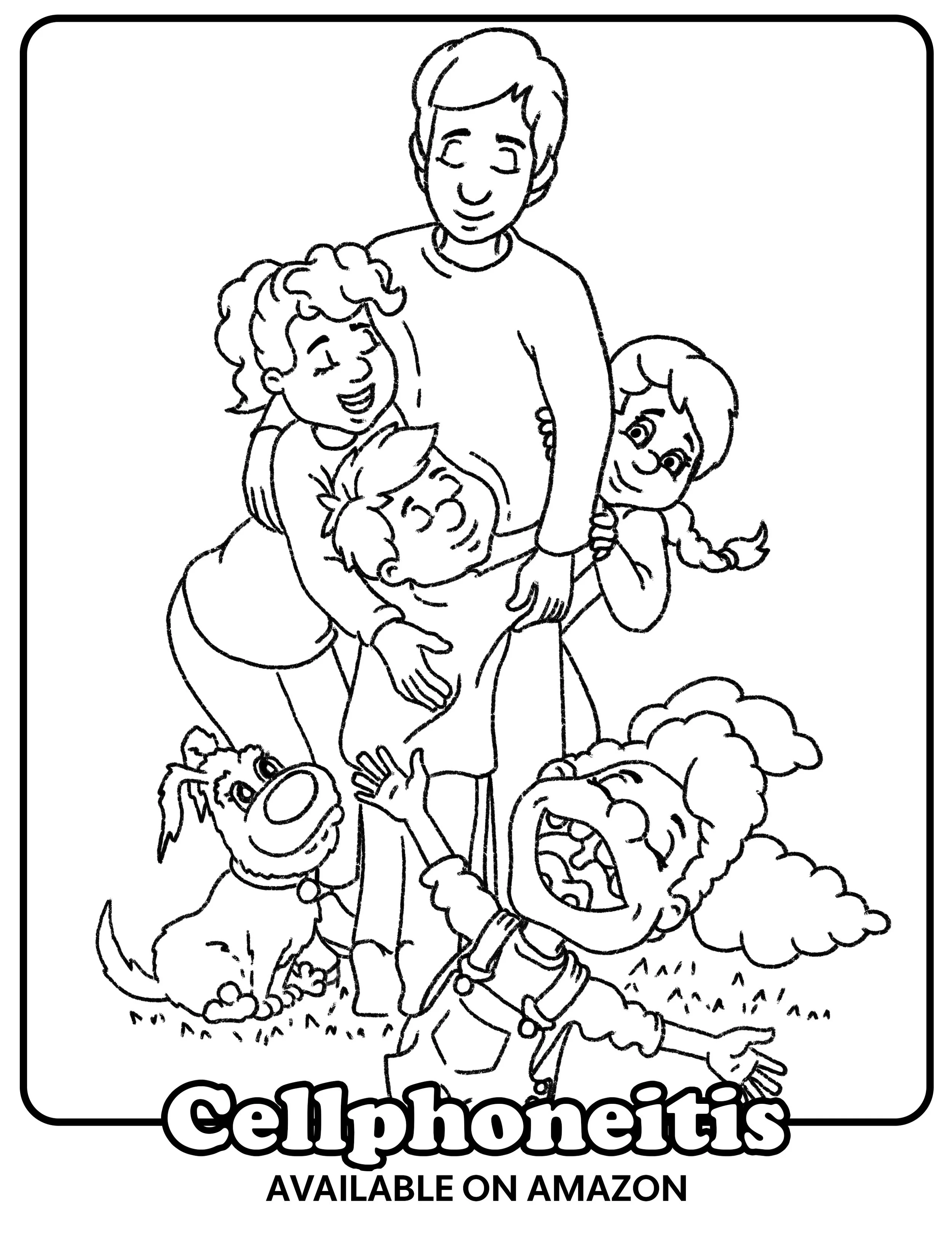 Coloring page of the family from the children's book Cellphoneitis