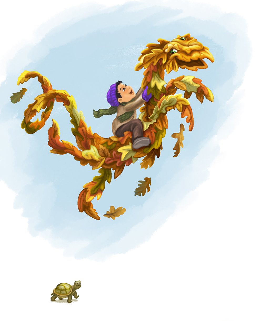 Walker rides the leaf dragon. Illustration from the children's book, The Leaf Dragon, a story about friendship and wildlife preservation.