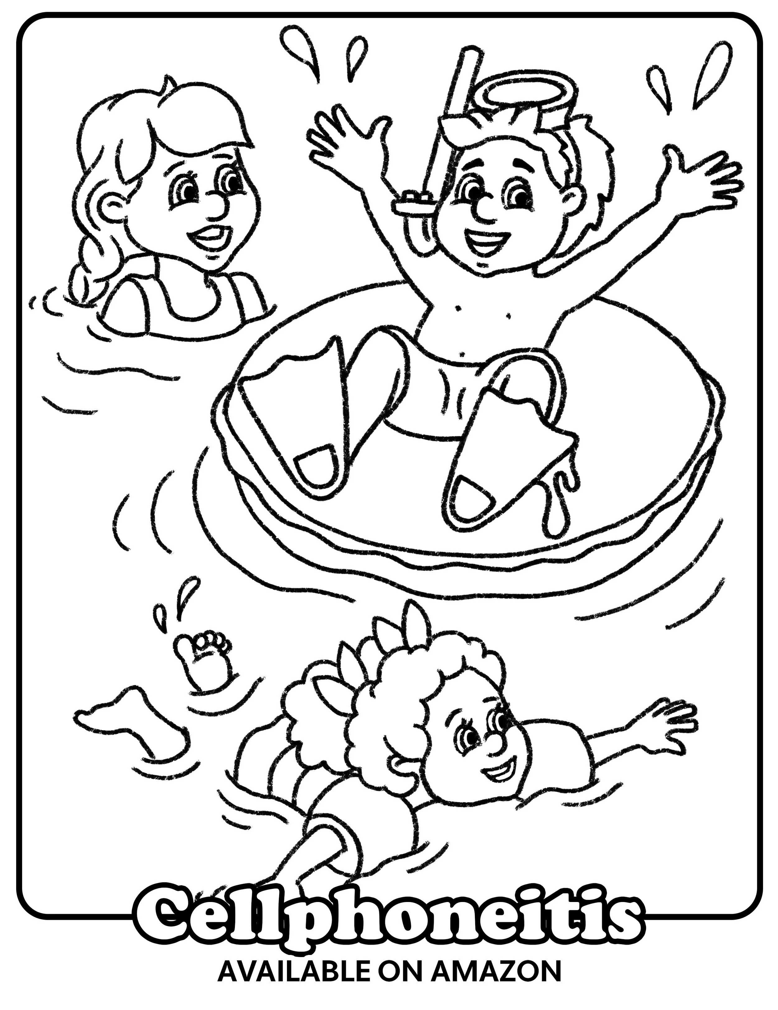 Coloring page of kids playing in a pool from the children's book Cellphoneitis