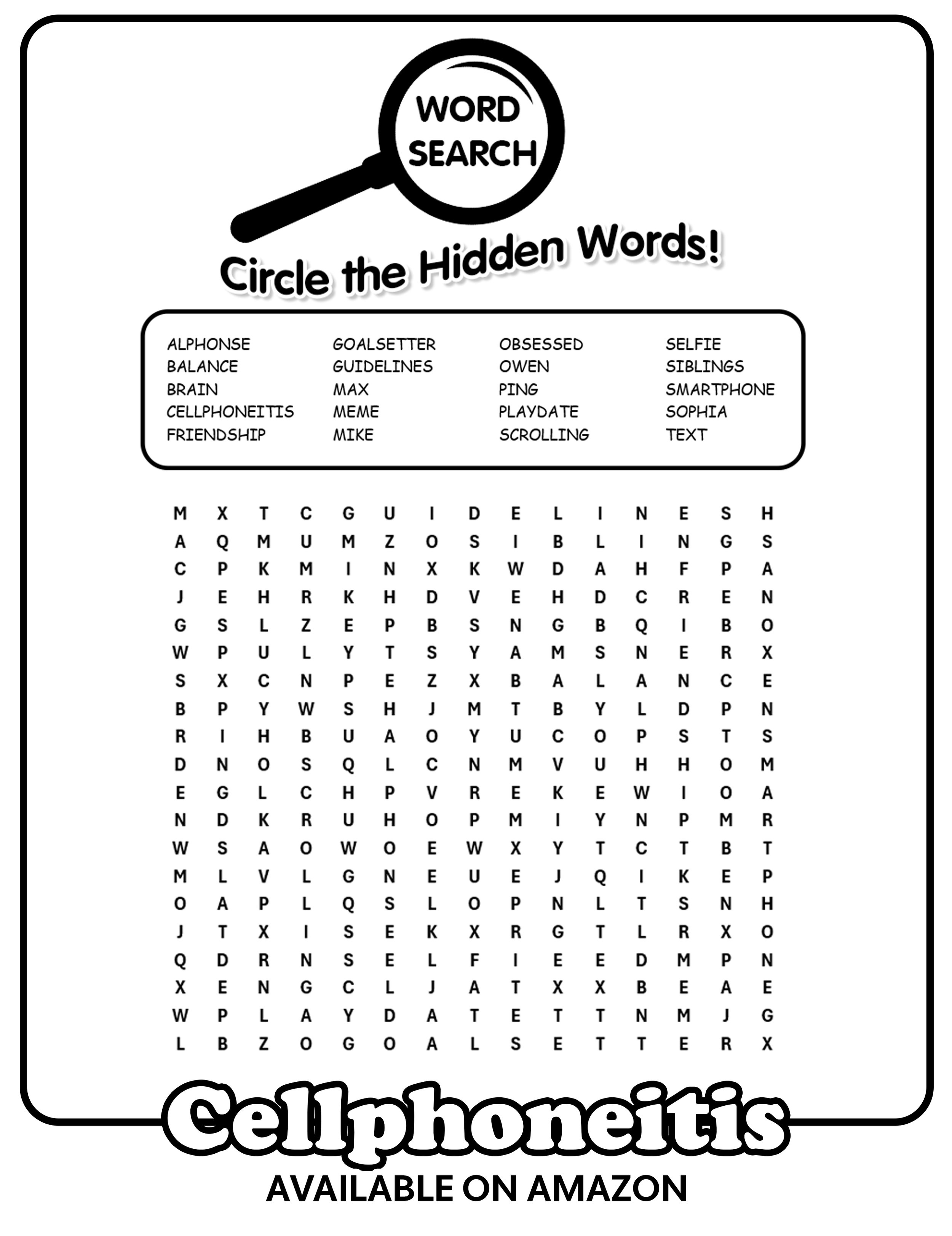 Wordsearch for the children's book Cellphoneitis