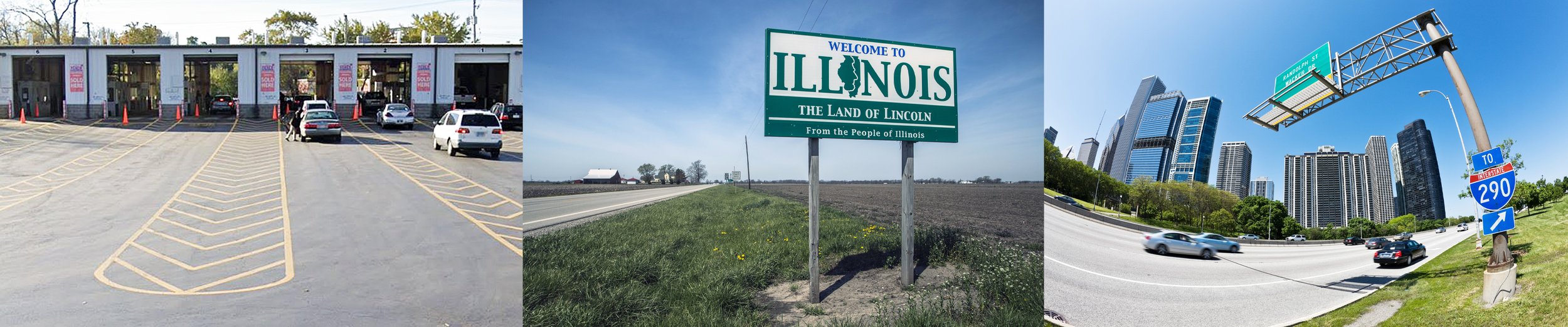 Three photos showing vehicles at an inspection facility, a roadside sign that says welcome to  Illinois, and a highway with downtown Chicago in the background