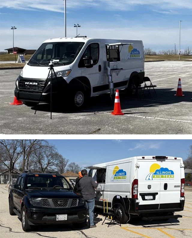 two photos of a mobile testing unit performing inspections in a parking lot
