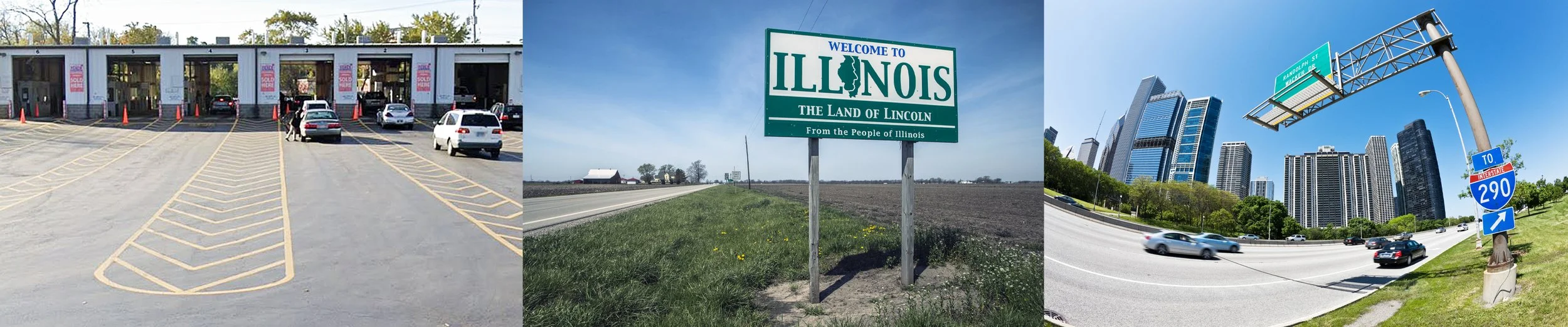 Three photos showing vehicles at an inspection facility, a roadside sign that says welcome to  Illinois, and a highway with downtown Chicago in the background