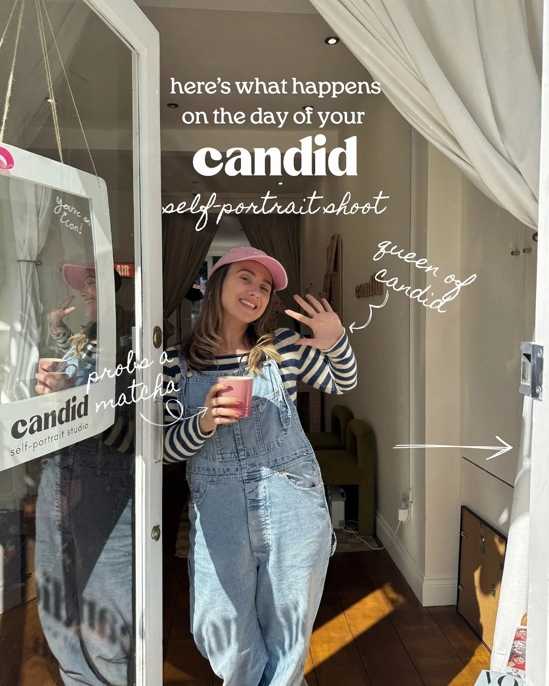 the co-founder aimee is waving to say hello and welcome to candid self portrait studio in notting hill